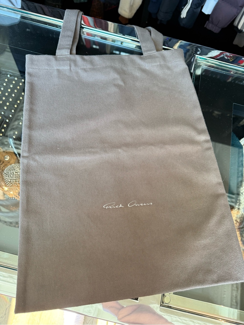 Rick Owens Brown Canvas Tote with White Script Logo